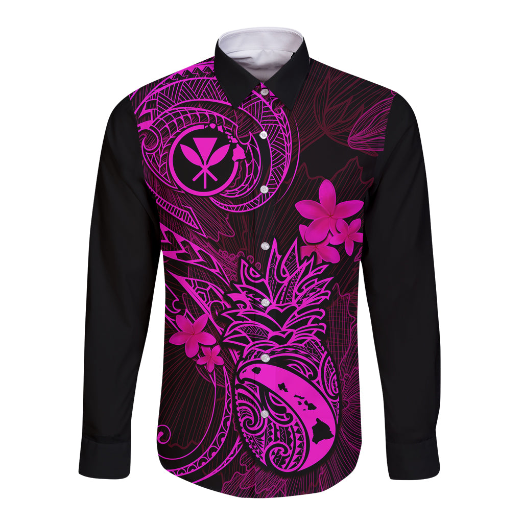Unisex long-sleeve button shirt with black base and pink Polynesian pattern