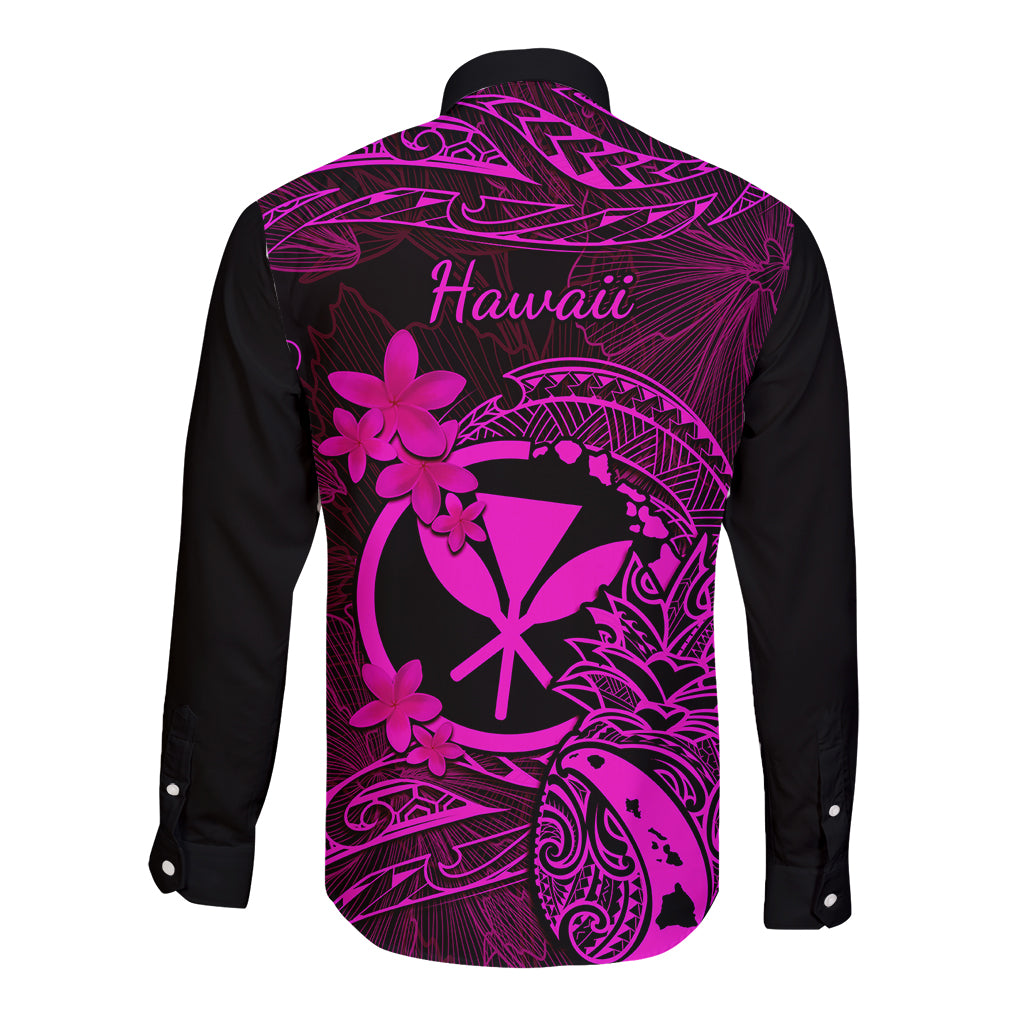 Unisex long-sleeve button shirt, black base, pink 'Hawaii' back print