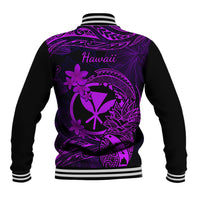 Unisex purple and black baseball jacket with back Hawaii text, floral print, striped trim