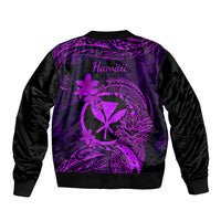 Unisex purple and black bomber jacket with back Hawaii text and floral print