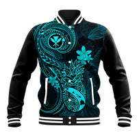 Turquoise and black baseball jacket with hibiscus and surf graphic, ribbed striped cuffs