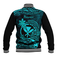 Turquoise and black baseball jacket with 'Hawaii' back print and ribbed striped collar