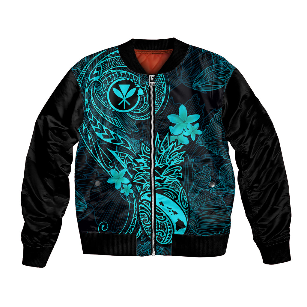 Turquoise and black bomber jacket with front zip and tropical floral graphic on sleeves