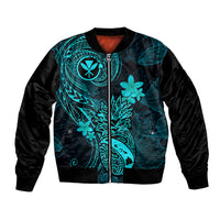 Turquoise and black bomber jacket with front zip and tropical floral graphic on sleeves