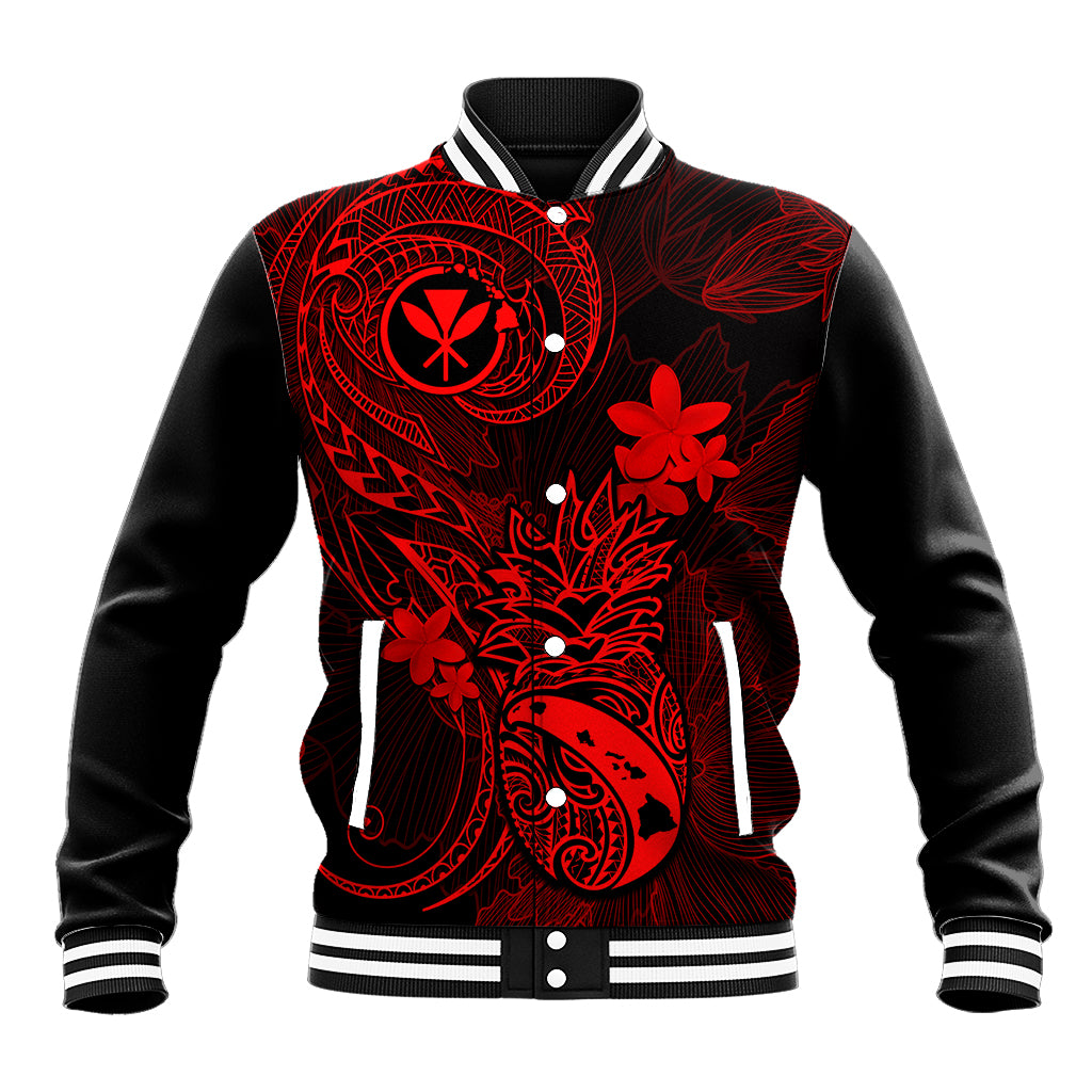 Red and black baseball jacket with hibiscus floral tribal print, striped ribbed trim.
