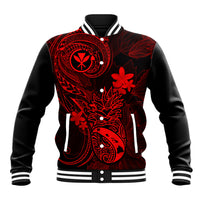Red and black baseball jacket with hibiscus floral tribal print, striped ribbed trim.