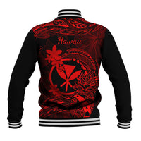 Back view red and black baseball jacket with 'Hawaii' text and hibiscus tribal print.