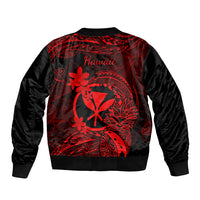 Black and red bomber jacket back with “Hawaii” text and large hibiscus floral artwork