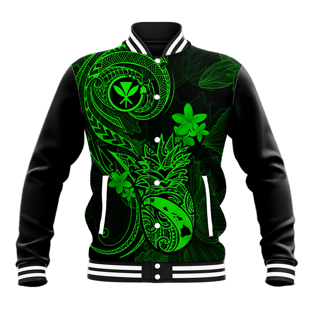 Green and black varsity baseball jacket with snap front and neon floral print