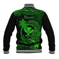 Black and green baseball jacket with striped ribbed collar and 'Hawaii' back print