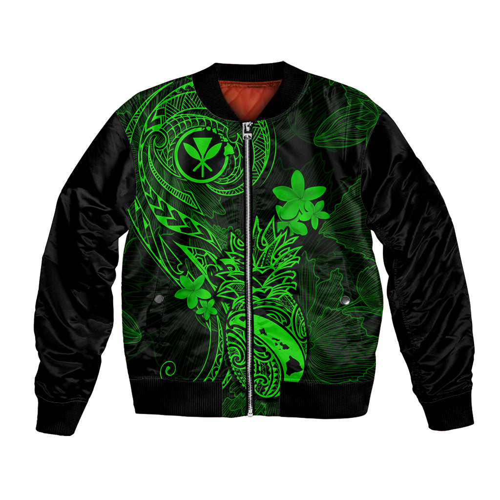 Unisex green bomber jacket with tropical floral graphic and front zipper detail