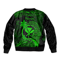 Unisex green bomber jacket with 'Hawaii' script and tropical floral back print