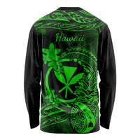 Unisex long sleeve shirt, back view, with 'Hawaii' script and green Polynesian graphics