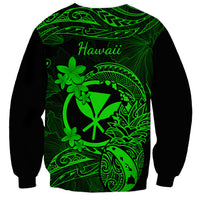 Unisex crewneck sweatshirt with neon green Hawaii text and tropical Polynesian-style design