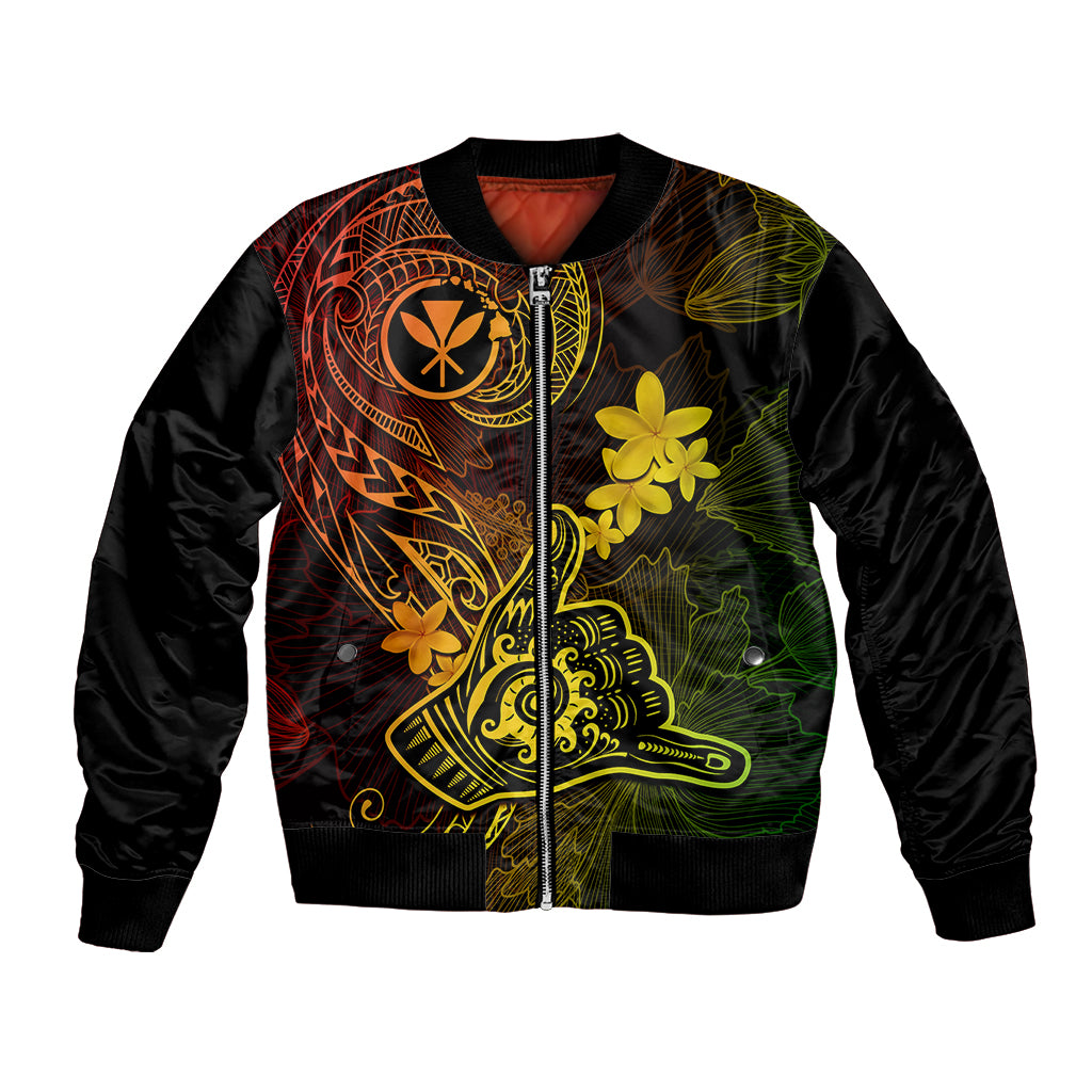 Black bomber jacket with full-zip front and colorful Polynesian flower and tribal print