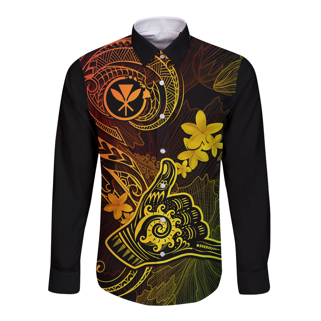 Long-sleeve button shirt, black with gold and orange Polynesian tattoo and flowers