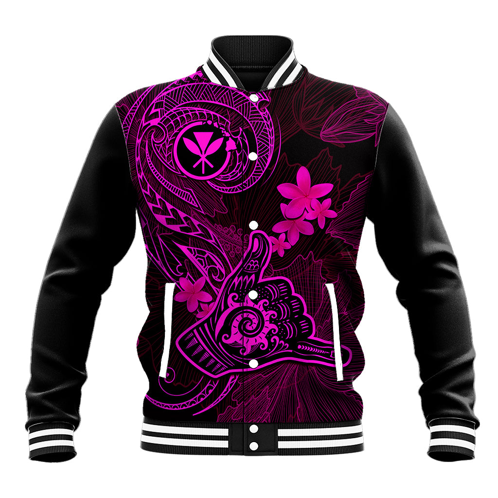 Black baseball jacket with pink floral and tribal front graphic, snap buttons, striped cuffs