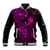 Black baseball jacket with pink floral and tribal front graphic, snap buttons, striped cuffs