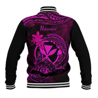 Black baseball jacket with back “Hawaii” script, pink floral tribal art, striped ribbed hem