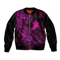 Black bomber jacket with pink-purple tribal art, zip front, and plumeria flowers