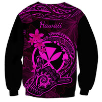 Unisex sweatshirt with 'Hawaii' text and pink floral shaka graphic on black