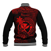 Red and black baseball jacket back with "Hawaii" text and Polynesian tattoo artwork