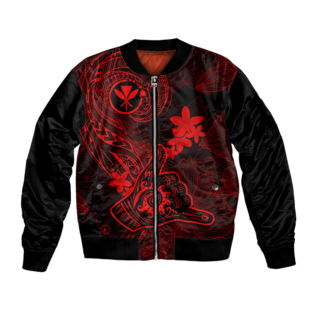Black bomber jacket with red Polynesian tattoo and plumeria flower art, front zipper