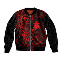 Black bomber jacket with red Polynesian tattoo and plumeria flower art, front zipper