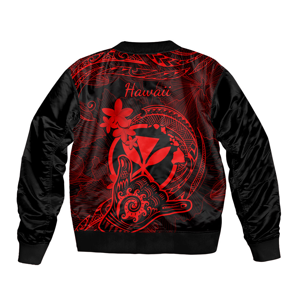 Black bomber jacket with red 'Hawaii' script and Polynesian tattoo graphic, back view