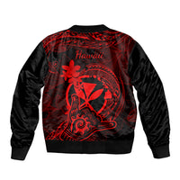 Black bomber jacket with red 'Hawaii' script and Polynesian tattoo graphic, back view