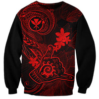 Unisex black sweatshirt with red Polynesian tattoo graphic and plumeria flowers on front