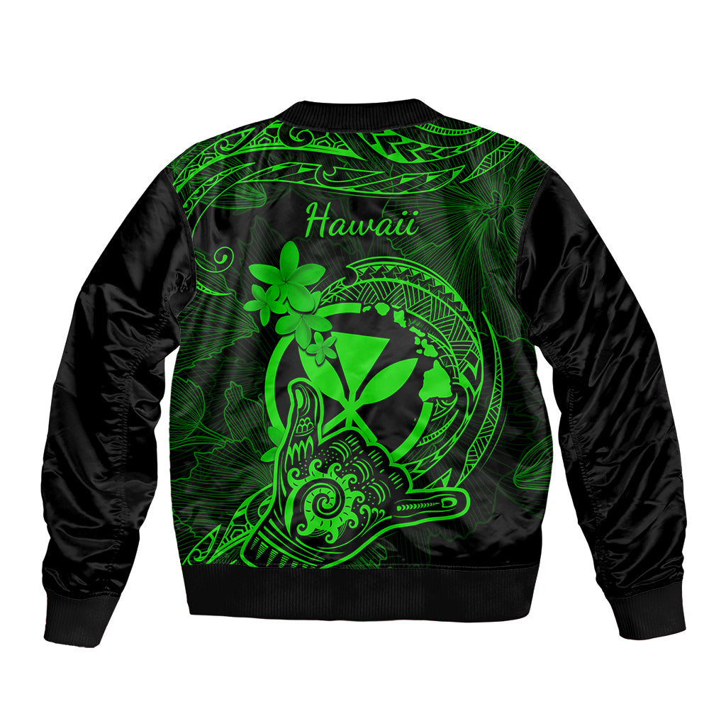 Green and black unisex bomber jacket, back print with Hawaii text and tribal plumeria