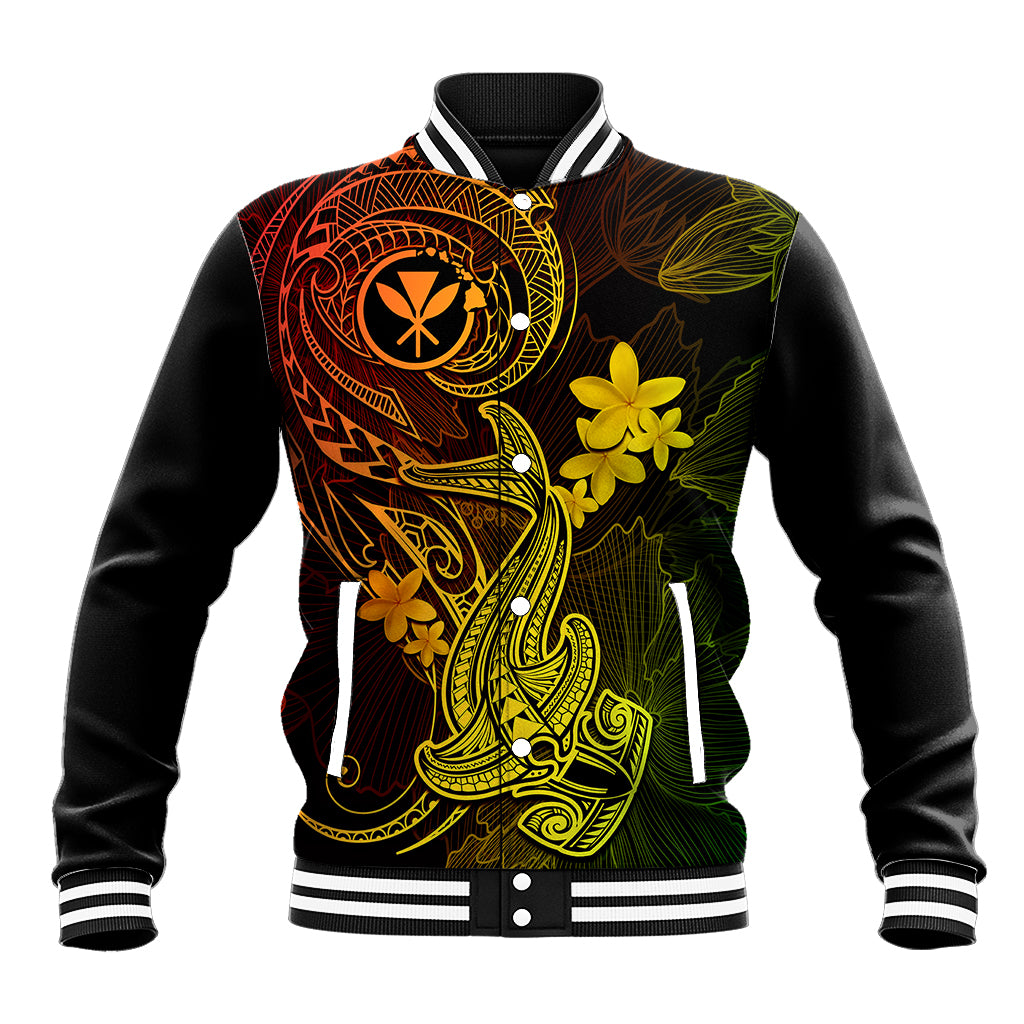 Black varsity baseball jacket with neon gold/red floral tattoo graphic and striped cuffs
