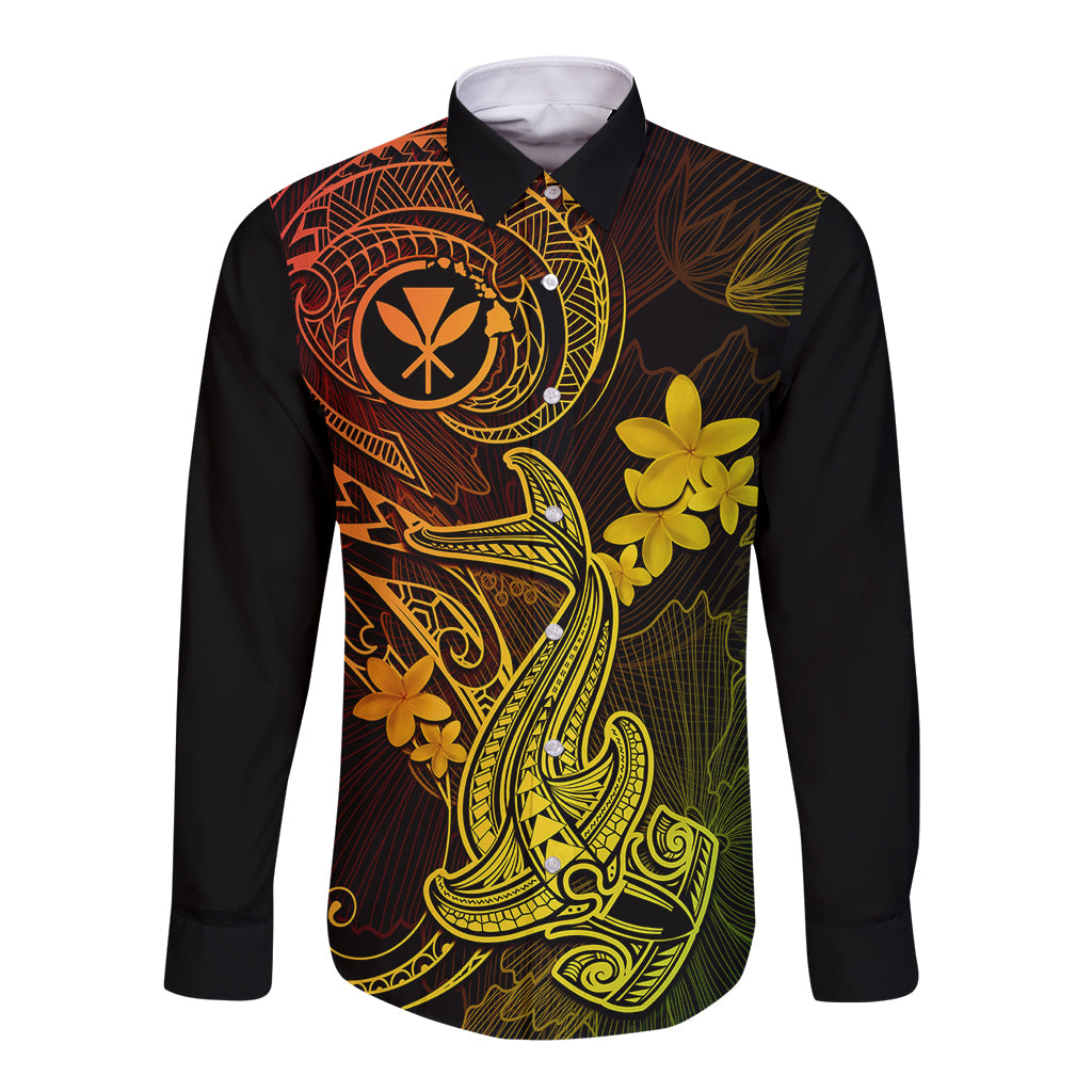 Black long-sleeve button shirt with Polynesian tattoo-style shark and flower print