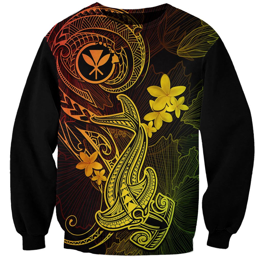 Unisex black sweatshirt with Polynesian hammerhead plumeria tattoo print