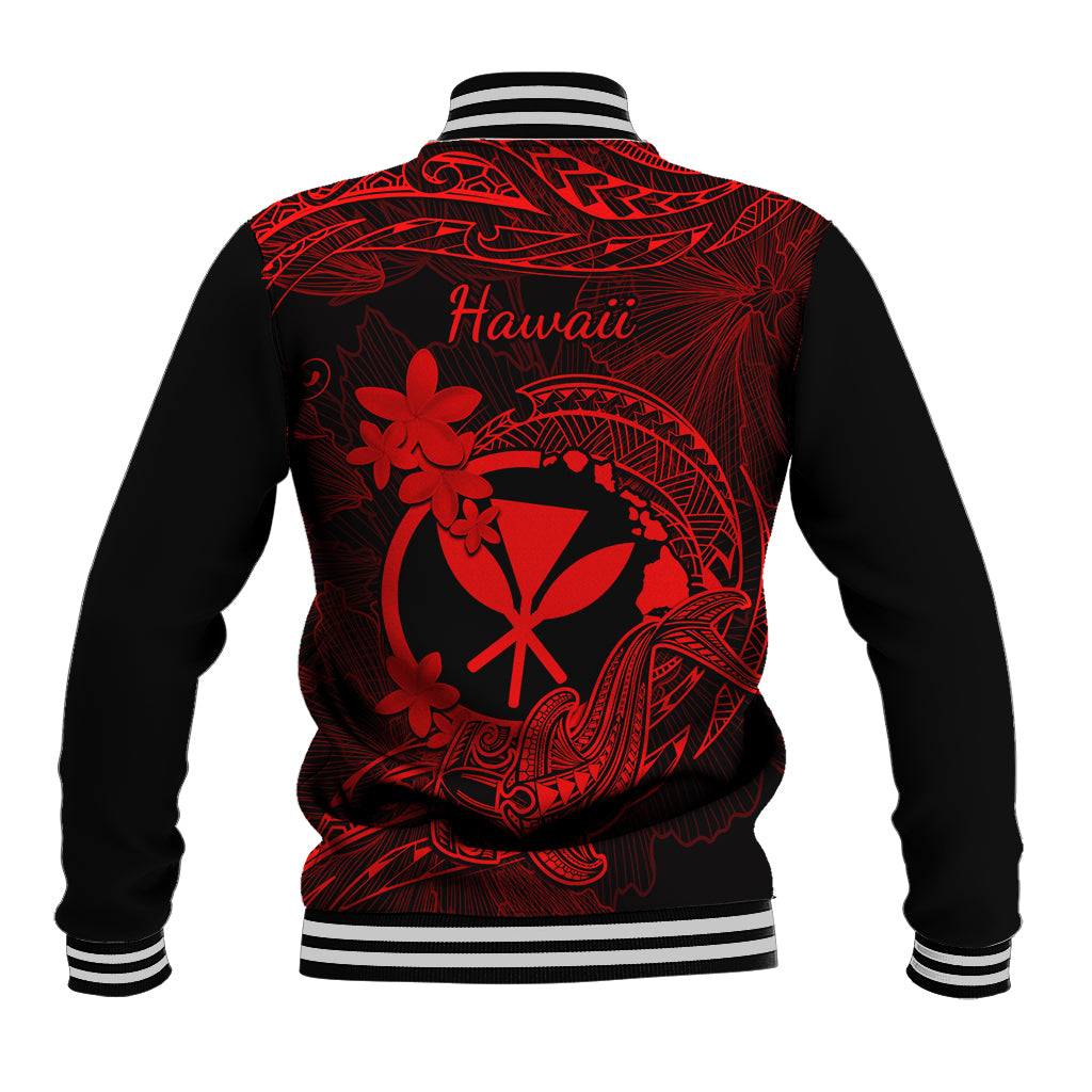 Unisex red and black baseball jacket, back view, 'Hawaii' text with shark tattoo