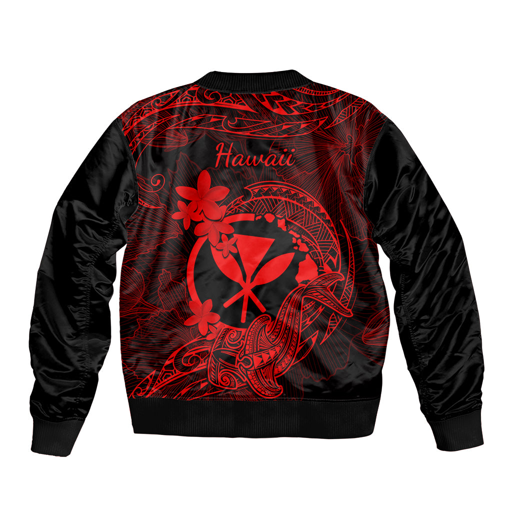 Unisex red and black bomber jacket with Hawaii text and shark tattoo back graphic
