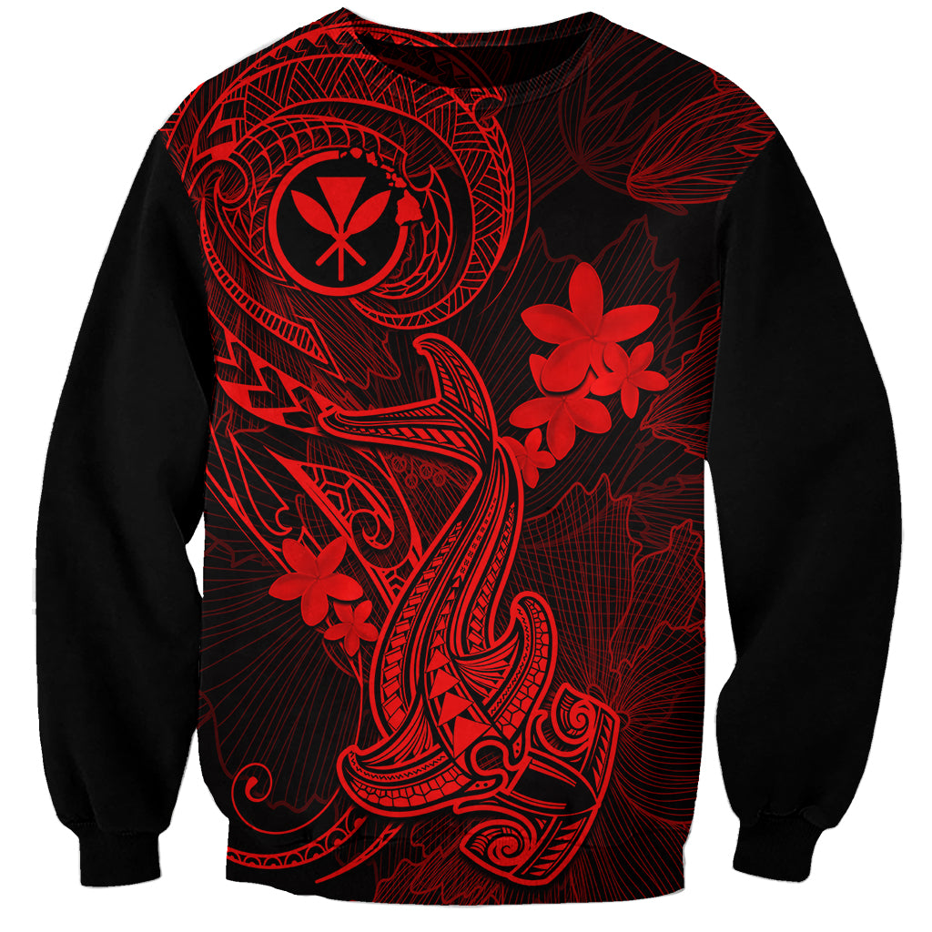 Unisex black sweatshirt with red Polynesian hammerhead shark and plumeria tattoo, long sleeves
