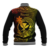 Unisex baseball jacket, dark back with Hawaii lettering and large turtle floral print, rib trim