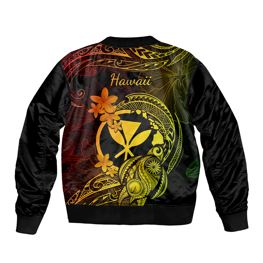 Black bomber jacket with 'Hawaii' back print, gold tropical floral and turtle design, ribbed cuffs