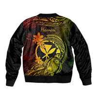 Black bomber jacket with 'Hawaii' back print, gold tropical floral and turtle design, ribbed cuffs