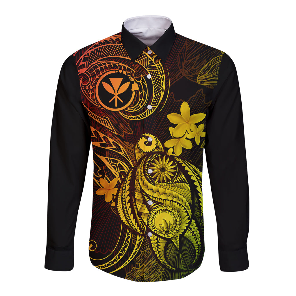 Black long-sleeve button shirt with yellow-green turtle and tropical floral print