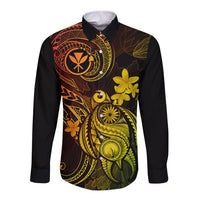 Black long-sleeve button shirt with yellow-green turtle and tropical floral print