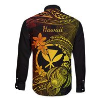 Black long-sleeve button shirt, back graphic with Hawaii text and turtle floral motif