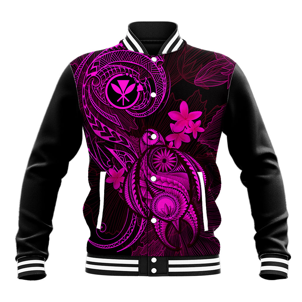 Black baseball jacket with purple/pink hibiscus and tribal patterns, snap-button front