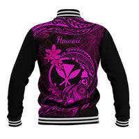 Black baseball jacket with purple/pink plumeria back graphic and 'Hawaii' text, ribbed cuffs