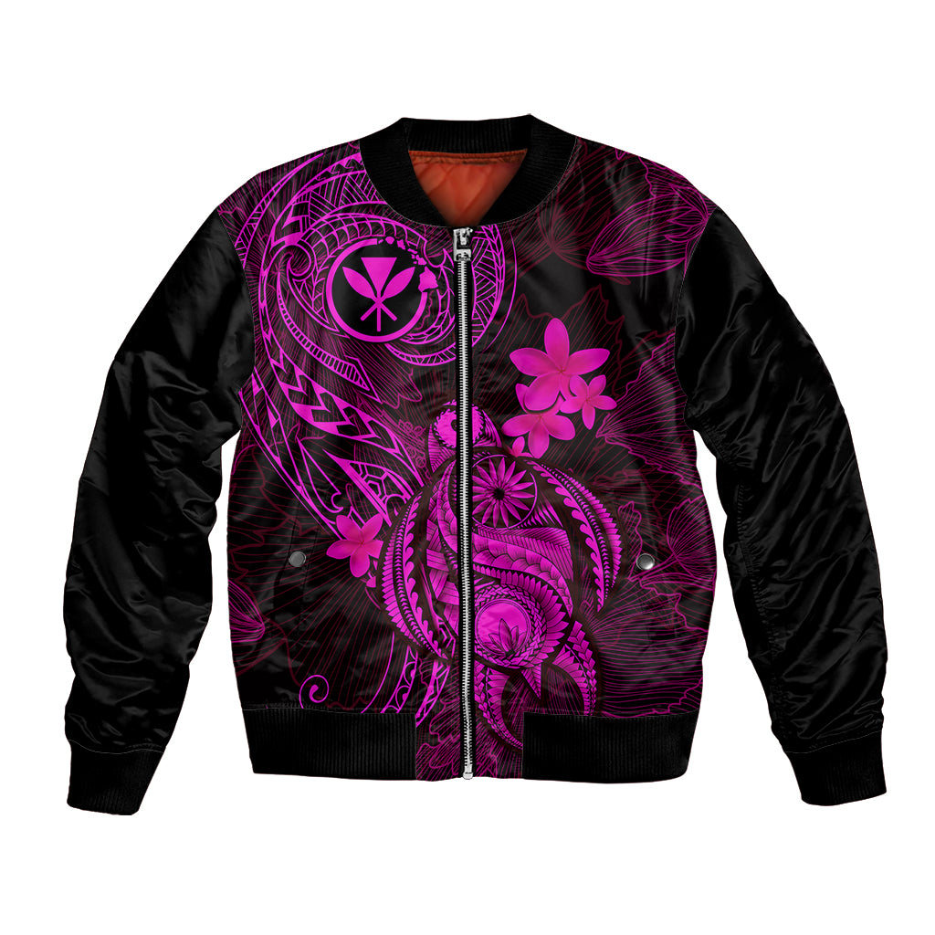 Unisex black bomber jacket with pink Polynesian floral graphic and front zipper