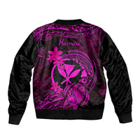 Unisex black bomber jacket back with pink Hawaii text and tropical floral design