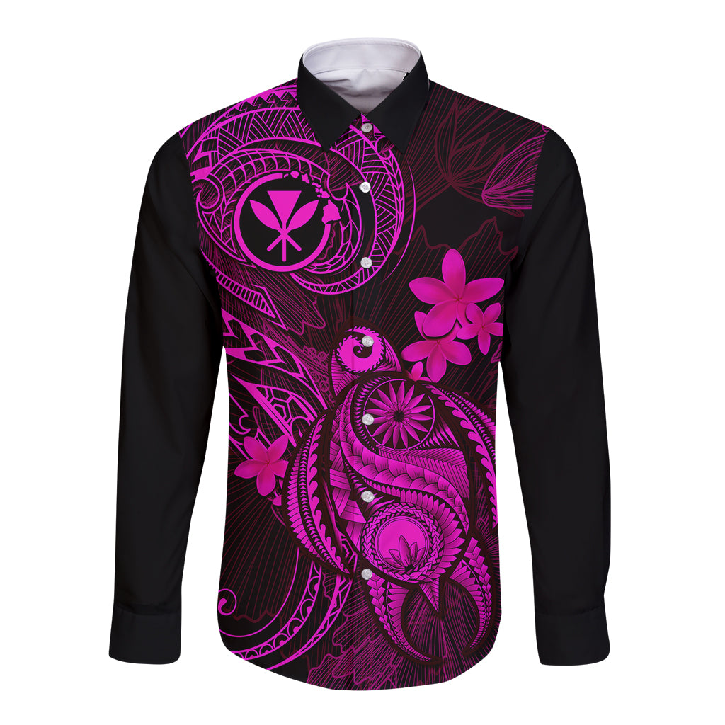 Black long-sleeve button shirt with pink Polynesian plumeria and tribal print, front