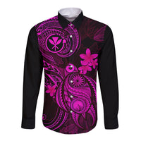 Black long-sleeve button shirt with pink Polynesian plumeria and tribal print, front